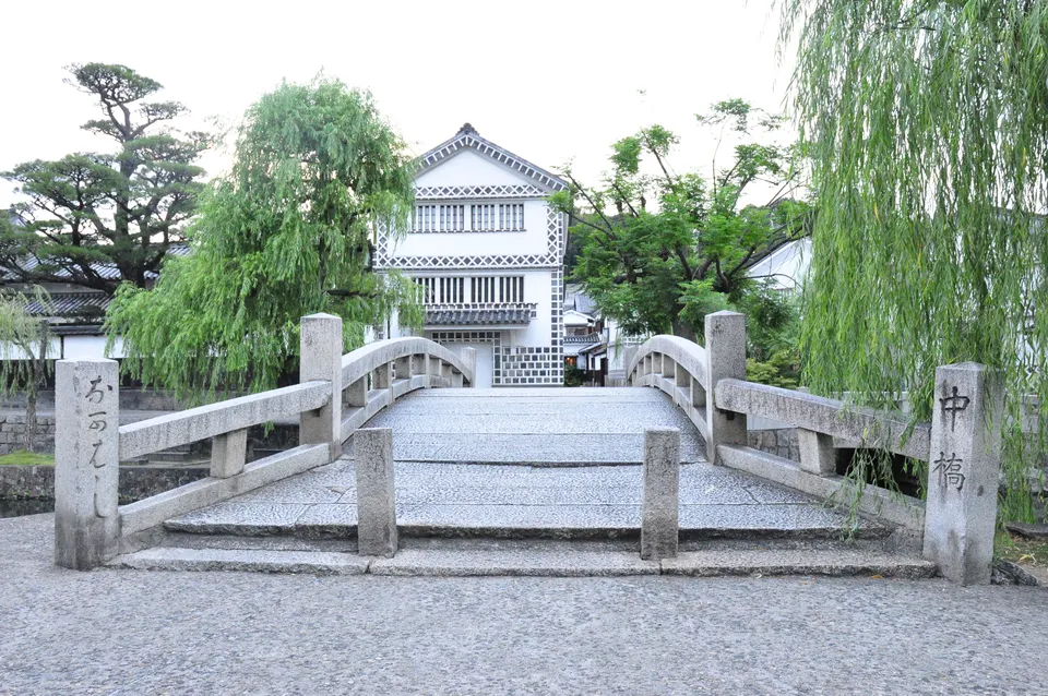 柳に囲まれた倉敷川に架かる中橋